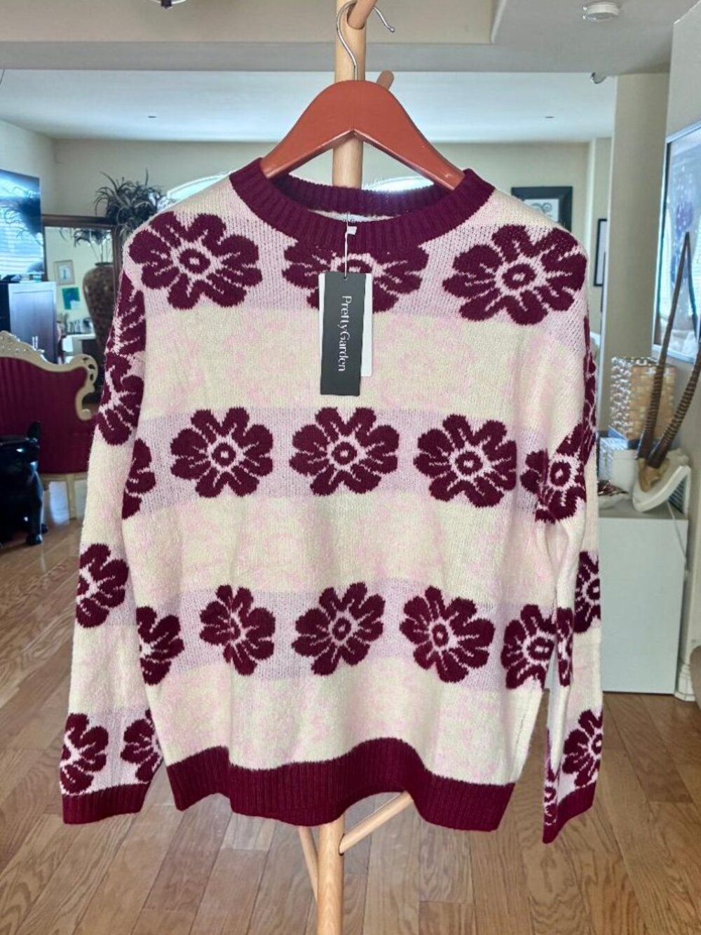 PRETTYGARDEN Women's Floral Crewneck Sweater, Ribbed Cuffs, Red & Pink, M